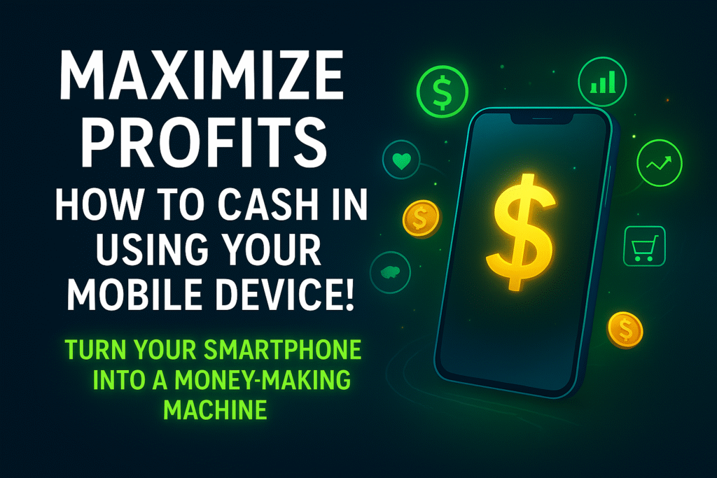 New Call to Action A digital banner with the headline "Maximize Profits: How to Cash In Using Your Mobile Device!" featuring a glowing smartphone with a large golden dollar sign on its screen. Surrounding icons include coins, a shopping cart, charts, and heart symbols, all glowing in neon green and yellow tones on a dark gradient background