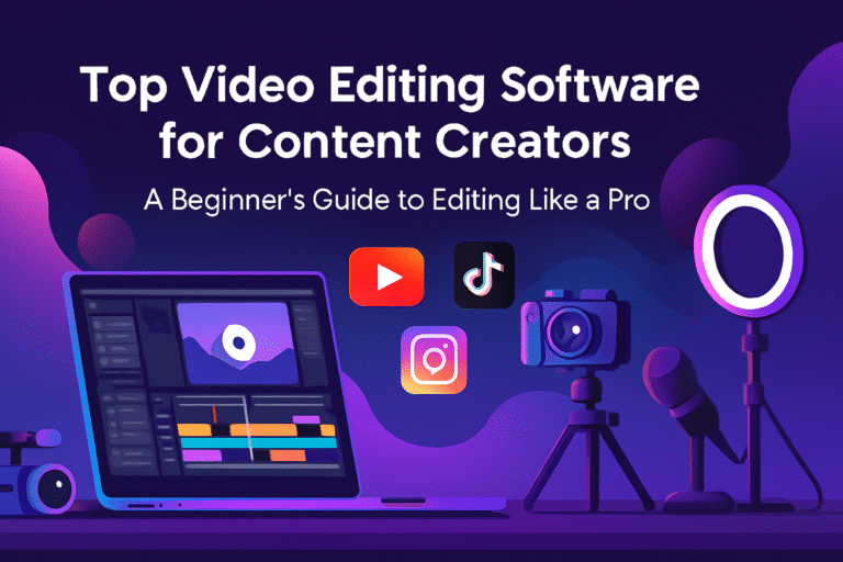 Feature banner showing video editing software interfaces and social media icons for content creators