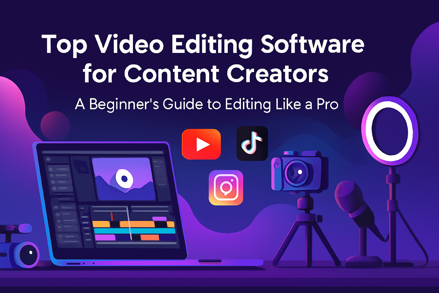 Feature banner showing video editing software interfaces and social media icons for content creators